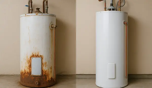a rusted water heater next to a brand new water heater in Cedar Park, TX - Bathroom Plumbing Pipe Redesign a rusted water heater next to a brand new water heater in Cedar Park, TX - Bathroom Plumbing Pipe Redesign