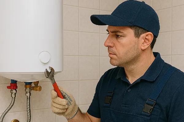 a male plumber working on a water heater mounted on the wall in Cedar Park, TX - Bathroom Plumbing Pipe Redesign a male plumber working on a water heater mounted on the wall in Cedar Park, TX - Bathroom Plumbing Pipe Redesign