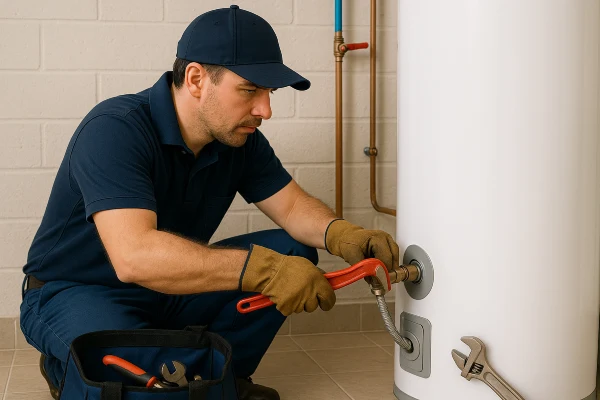 a male plumber working on a water heater connection in Cedar Park, TX - Bathroom Plumbing Pipe Redesign a male plumber working on a water heater connection in Cedar Park, TX - Bathroom Plumbing Pipe Redesign