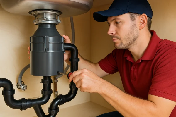 a male plumber using a screwdriver to fix a garbage disposal in Cedar Park, TX - Bathroom Plumbing Pipe Redesign a male plumber using a screwdriver to fix a garbage disposal in Cedar Park, TX - Bathroom Plumbing Pipe Redesign