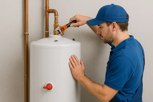 a male plumber installing a garbage disposal in Cedar Park, TX - Burst Pipe Repair