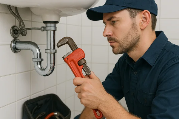 a male plumber installing a water heater in Cedar Park, TX - Kitchen Sink Installation