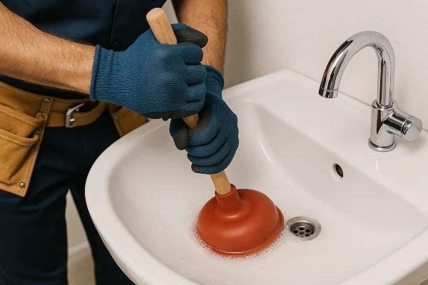 a male technician tightening a ball valve in Cedar Park, TX - Kitchen Sink Installation