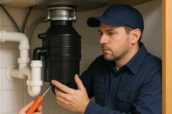 a technician working on a garbage disposal in Cedar Park, TX - Residential Plumbing Services