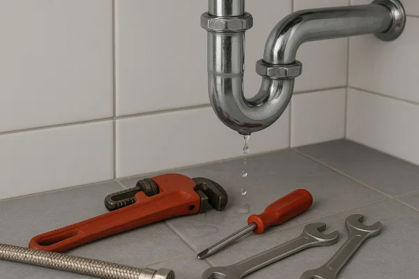 a sink water leak and plumbing tools on the floor in Cedar Park, TX - Residential Plumbing Services