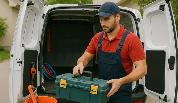 a plumbing technician putting his toolbox back in his van in Cedar Park, TX - Water Leak Detection a plumbing technician putting his toolbox back in his van in Cedar Park, TX - Water Leak Detection