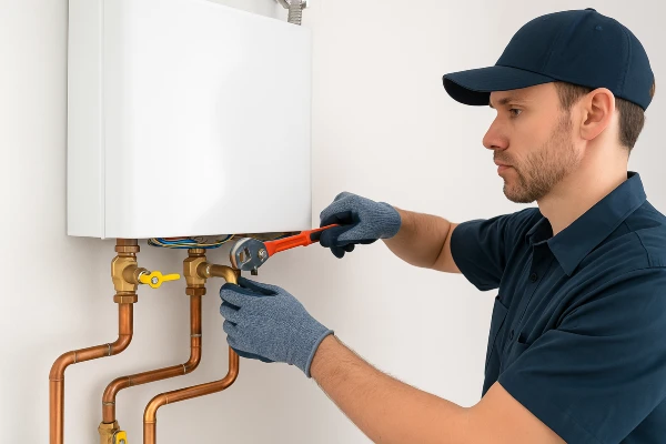 a plumber working on a tankless water heater in Cedar Park, TX - Water Leak Detection a plumber working on a tankless water heater in Cedar Park, TX - Water Leak Detection