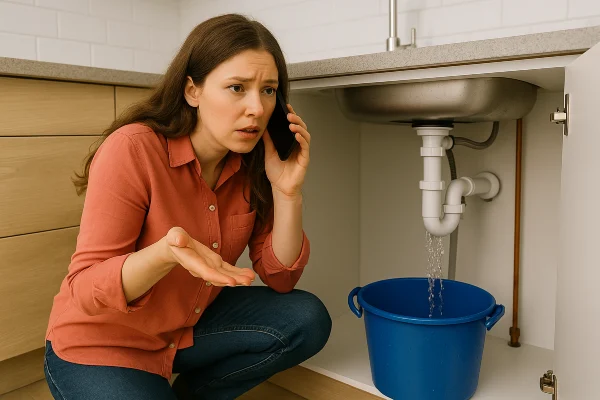 a woman on the phone about a water leak underneath her kitchen sink in Cedar Park, TX - Water Leak Detection a woman on the phone about a water leak underneath her kitchen sink in Cedar Park, TX - Water Leak Detection