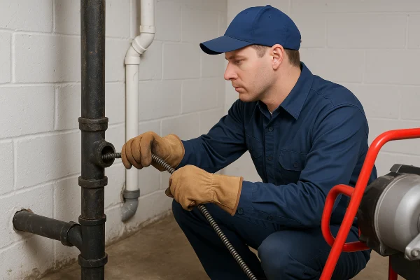 a plumber using a snake to clear a plumbing pipe in Cedar Park, TX - Water Leak Detection a plumber using a snake to clear a plumbing pipe in Cedar Park, TX - Water Leak Detection